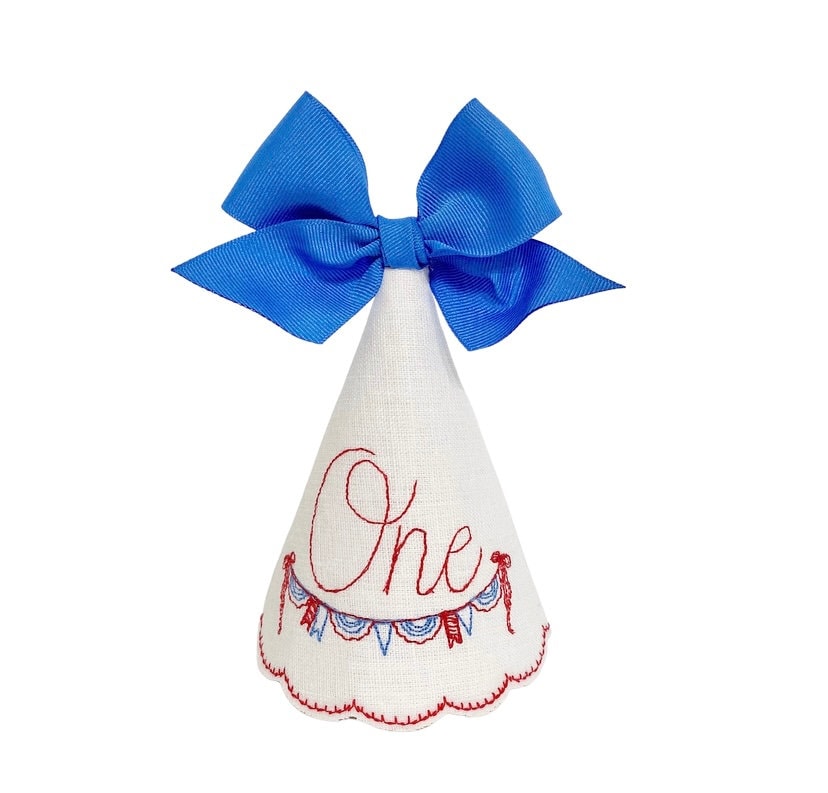 Patriotic First Birthday Hat and Banner Set: Red, White, Blue Linen Keepsake