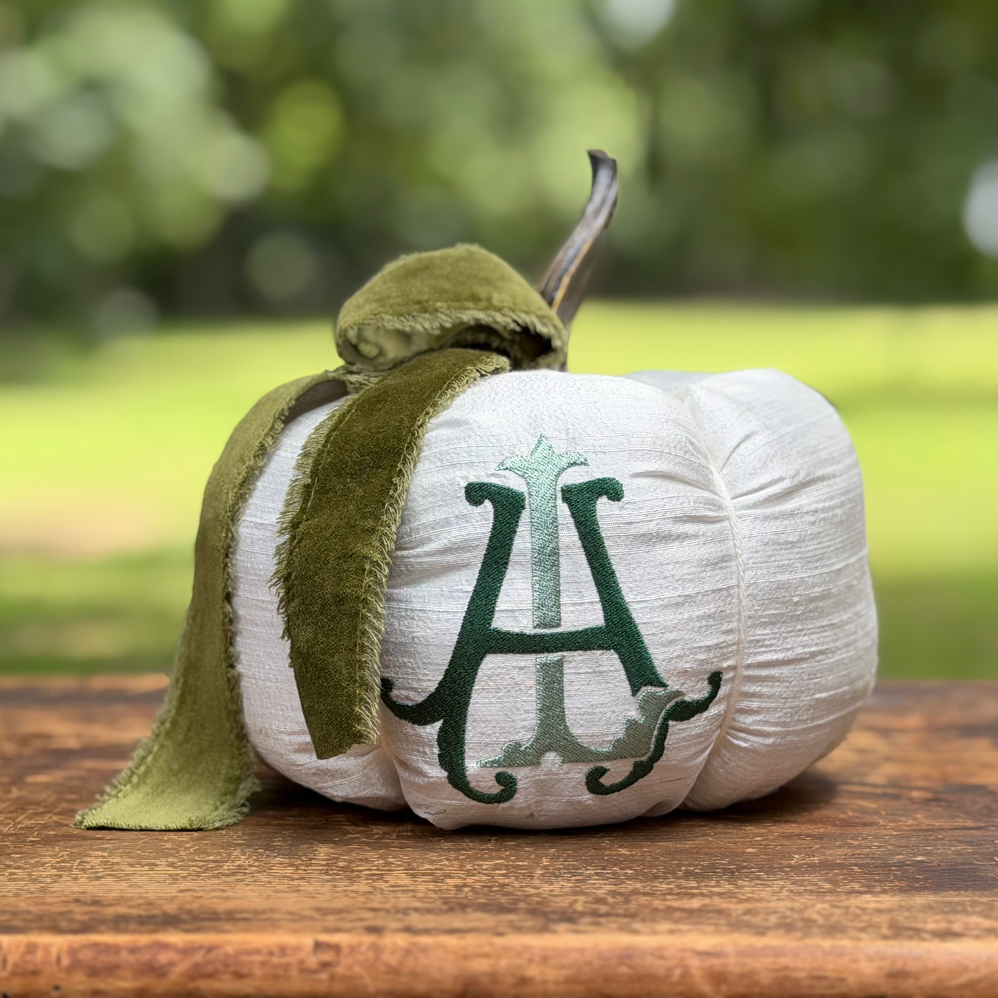 Heritage personalized ivory silk wedding pumpkin with velvet bow and layered double-initial monogram by Atelier Lorelai