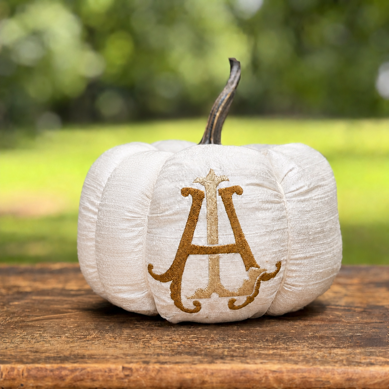 Monroe personalized ivory silk pumpkin with a gilded double monogram by Atelier Lorelai
