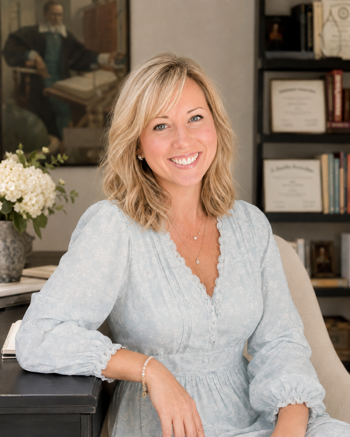 Jamie Ann, founder of Atelier Lorelai, smiling in her studio in a light blue dress