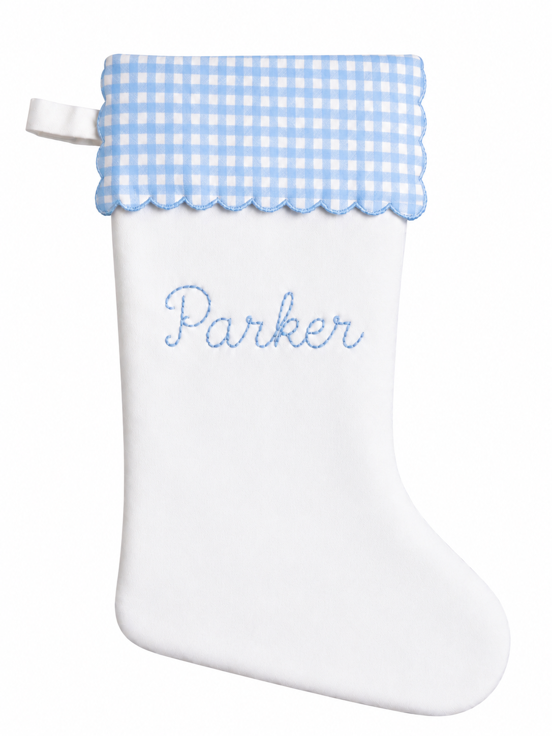 Personalized white cotton piqué Christmas stocking with blue gingham scalloped cuff