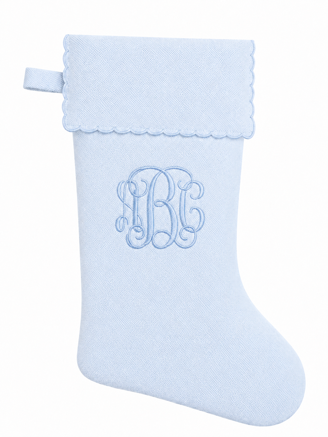 Personalized light blue cotton piqué Christmas stocking with monogram and scalloped cuff