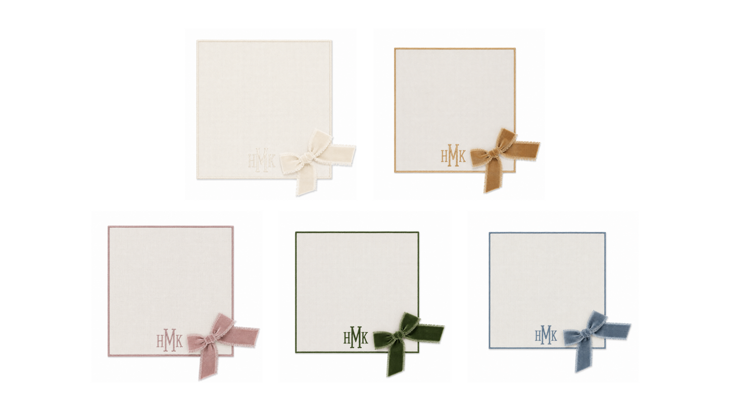 Velvet placemat bow kit colors in heirloom ivory, river blue, foliage green, antique gold and antique mauve