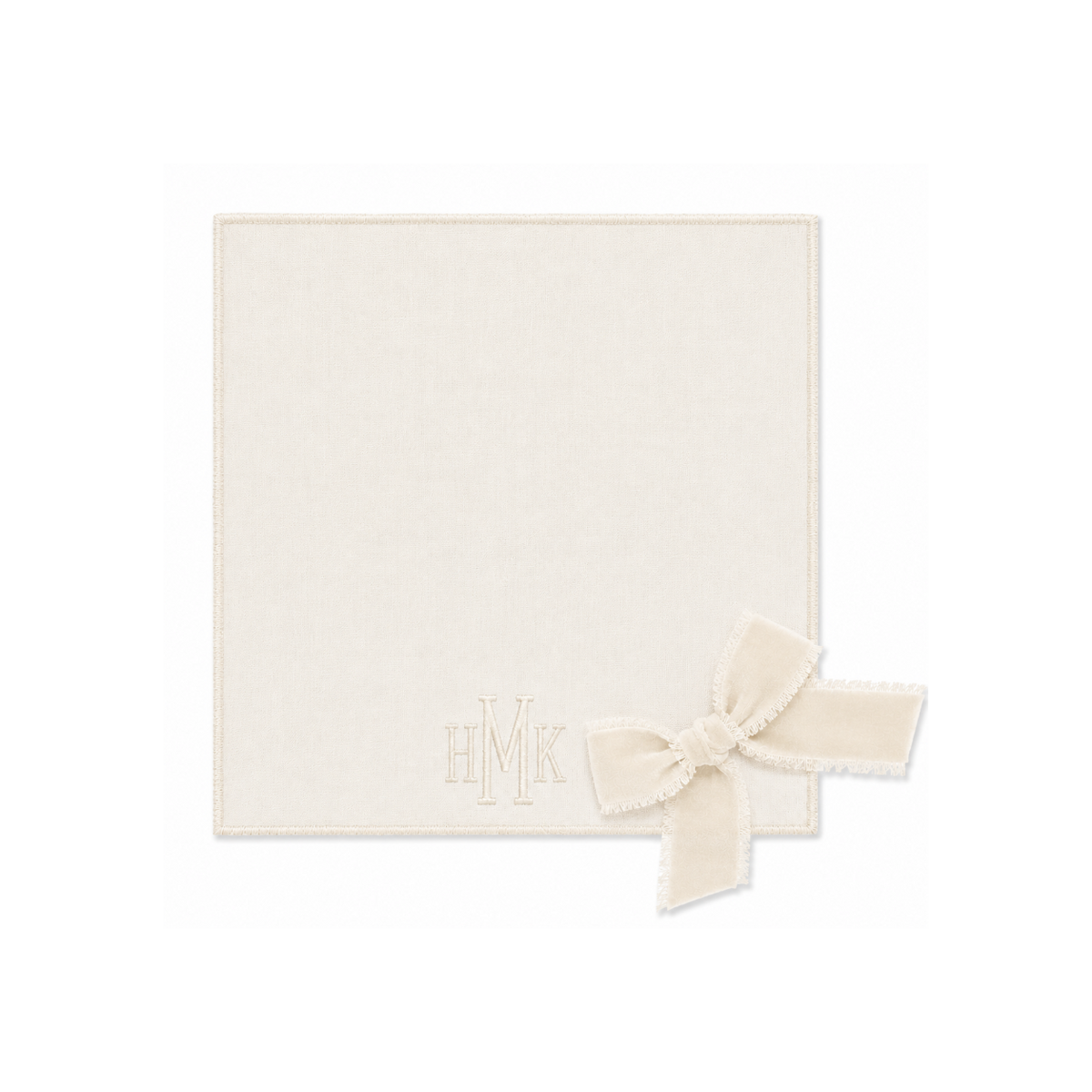 Ivory silk dupioni square monogrammed placemat with ivory removable velvet bow