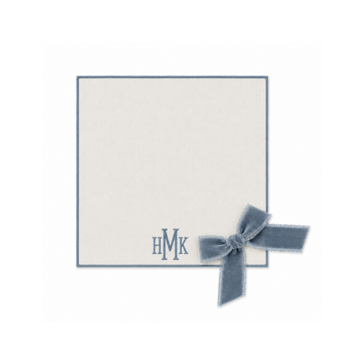Ivory silk dupioni square monogrammed placemat with river blue removable velvet bow