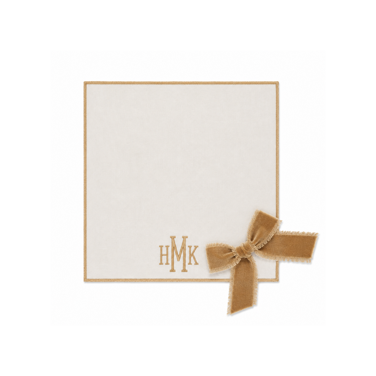 Ivory silk dupioni square monogrammed placemat with antique gold removable velvet bow
