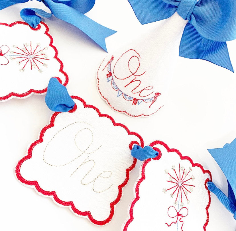 Patriotic First Birthday Hat and Banner Set: Red, White, Blue Linen Keepsake