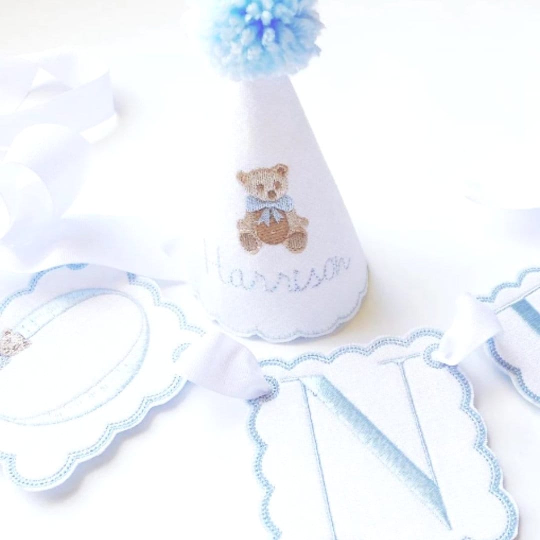 Teddy Bear First Birthday Boy Set, Blue Cake Smash Outfit, Hat, High Chair Banner