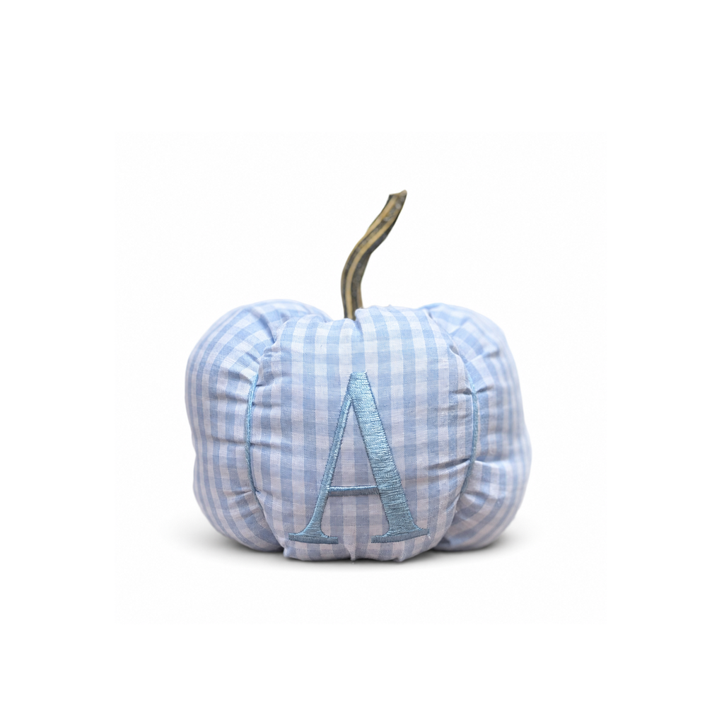 Little Lorelai blue gingham personalized pumpkin centered on a white background