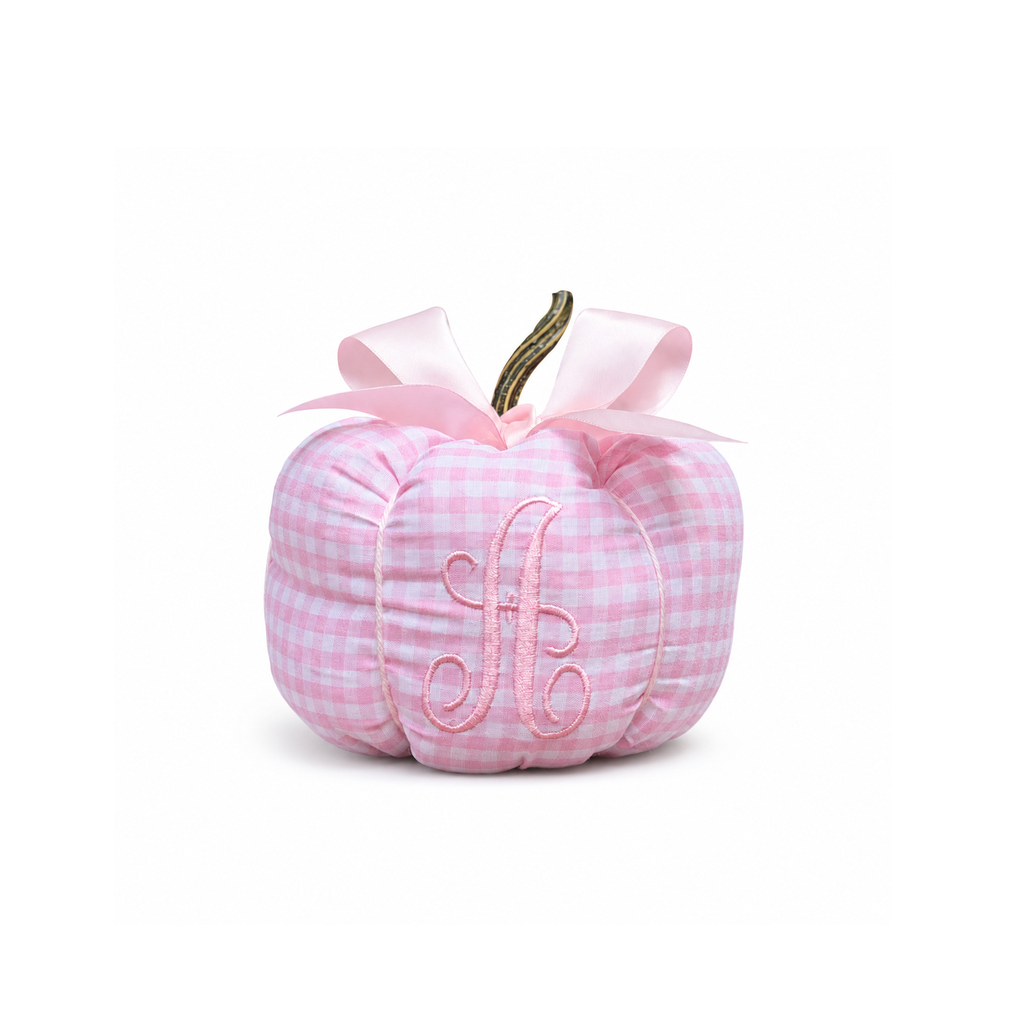 Little Lorelai pink gingham personalized bow pumpkin centered on a white background