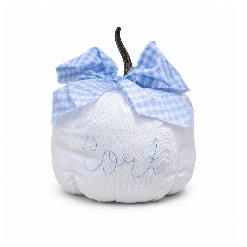 Blue personalized gingham bow pumpkin embroidered with the name Cort on white