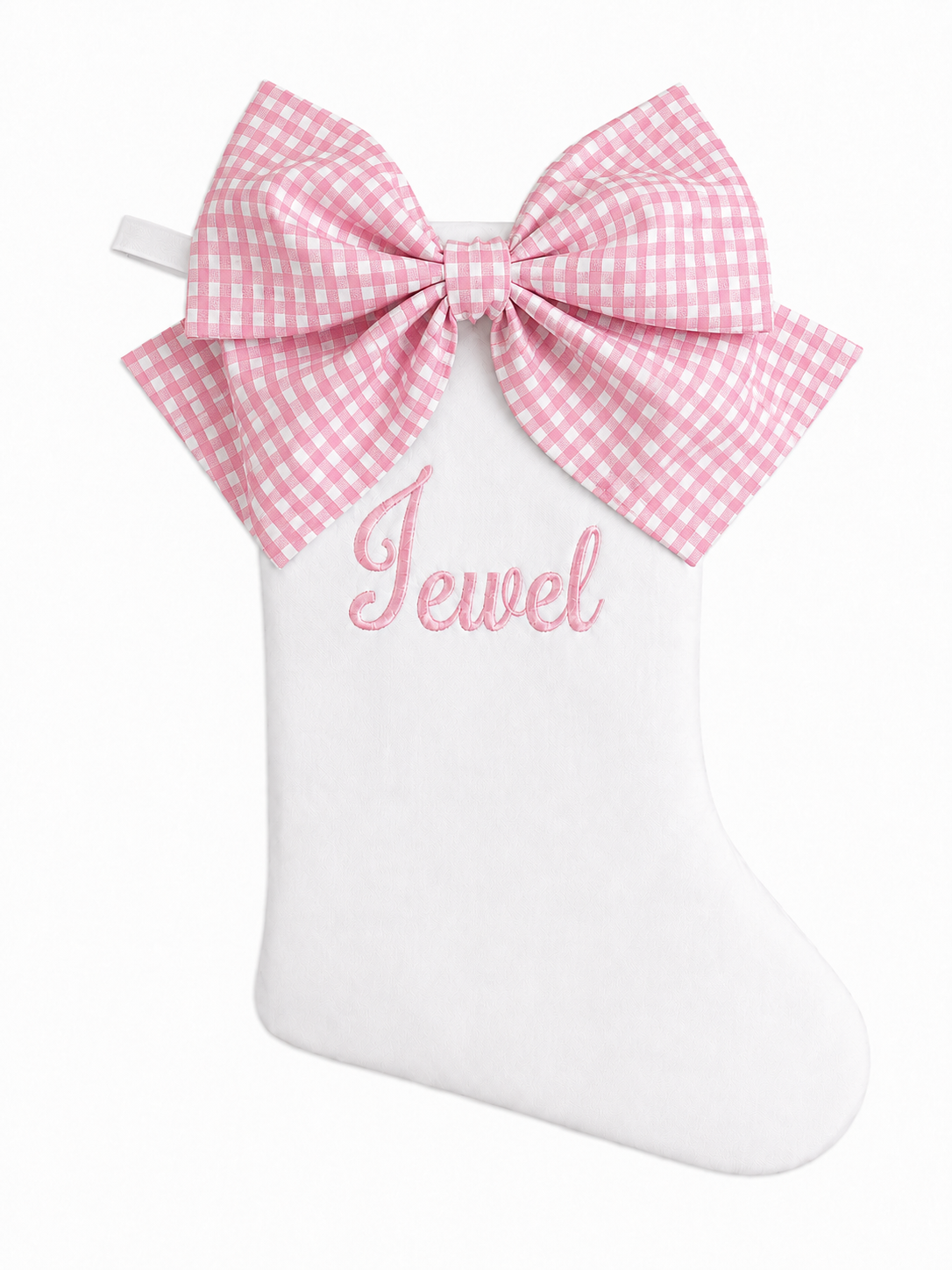 Personalized white cotton piqué Christmas stocking with pink gingham bow