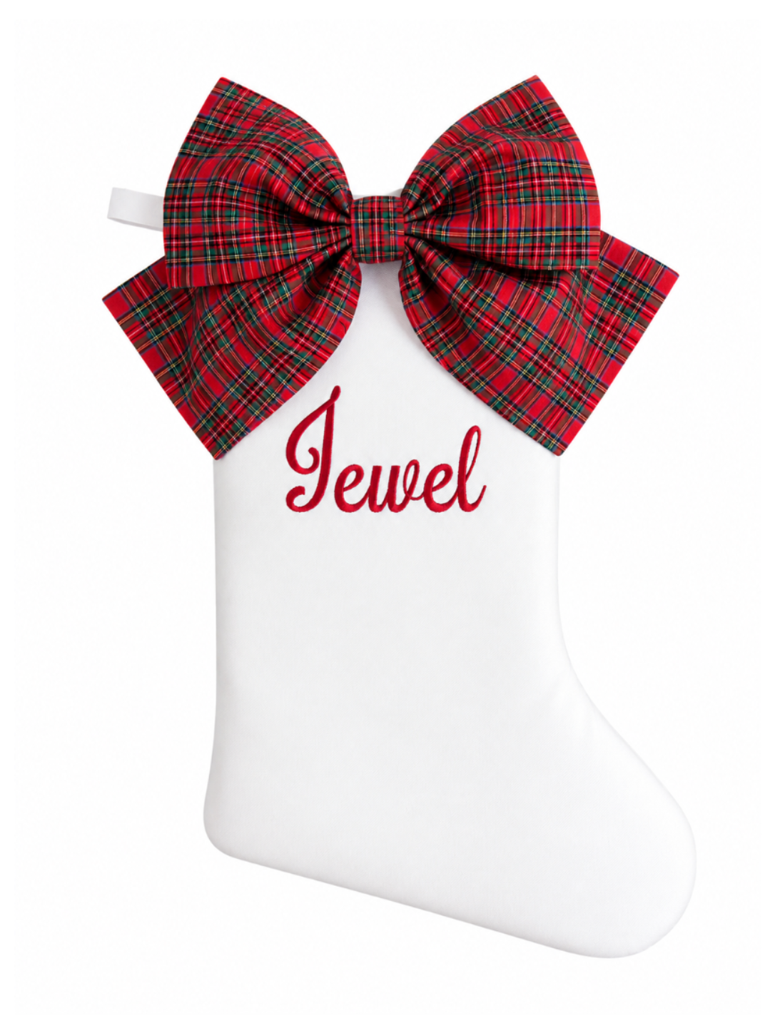 Personalized white cotton piqué Christmas stocking with red tartan bow