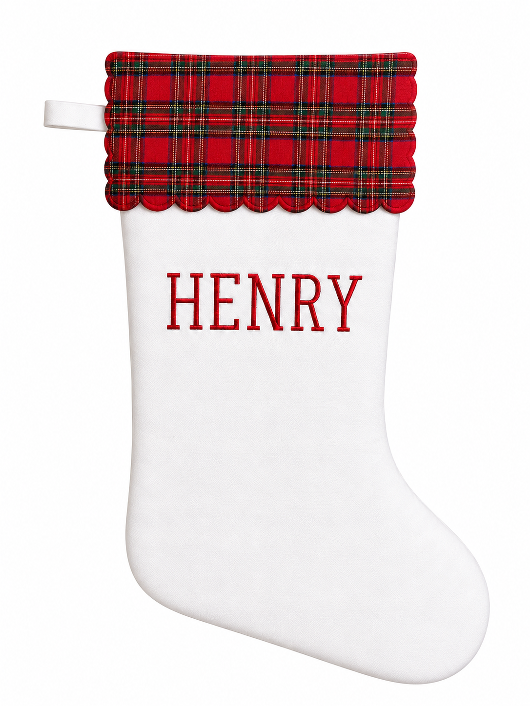 Personalized white cotton piqué Christmas stocking with red tartan scalloped cuff