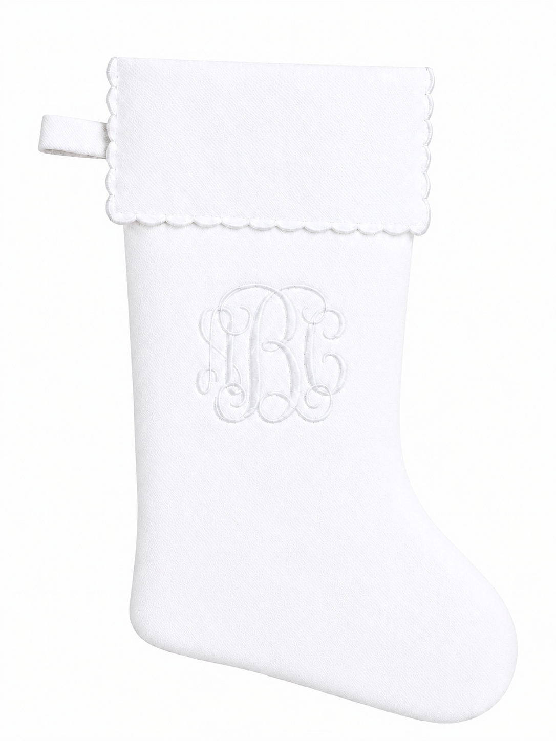 Personalized white cotton piqué Christmas stocking with white scalloped cuff and monogram